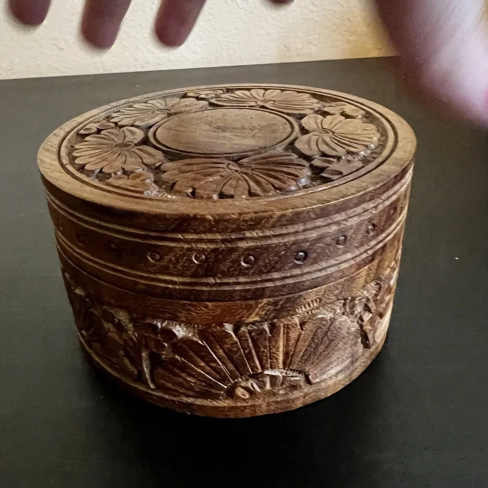 Vintage Wooden Box Floral Hand Carved Flowers Jewelry Trinket
